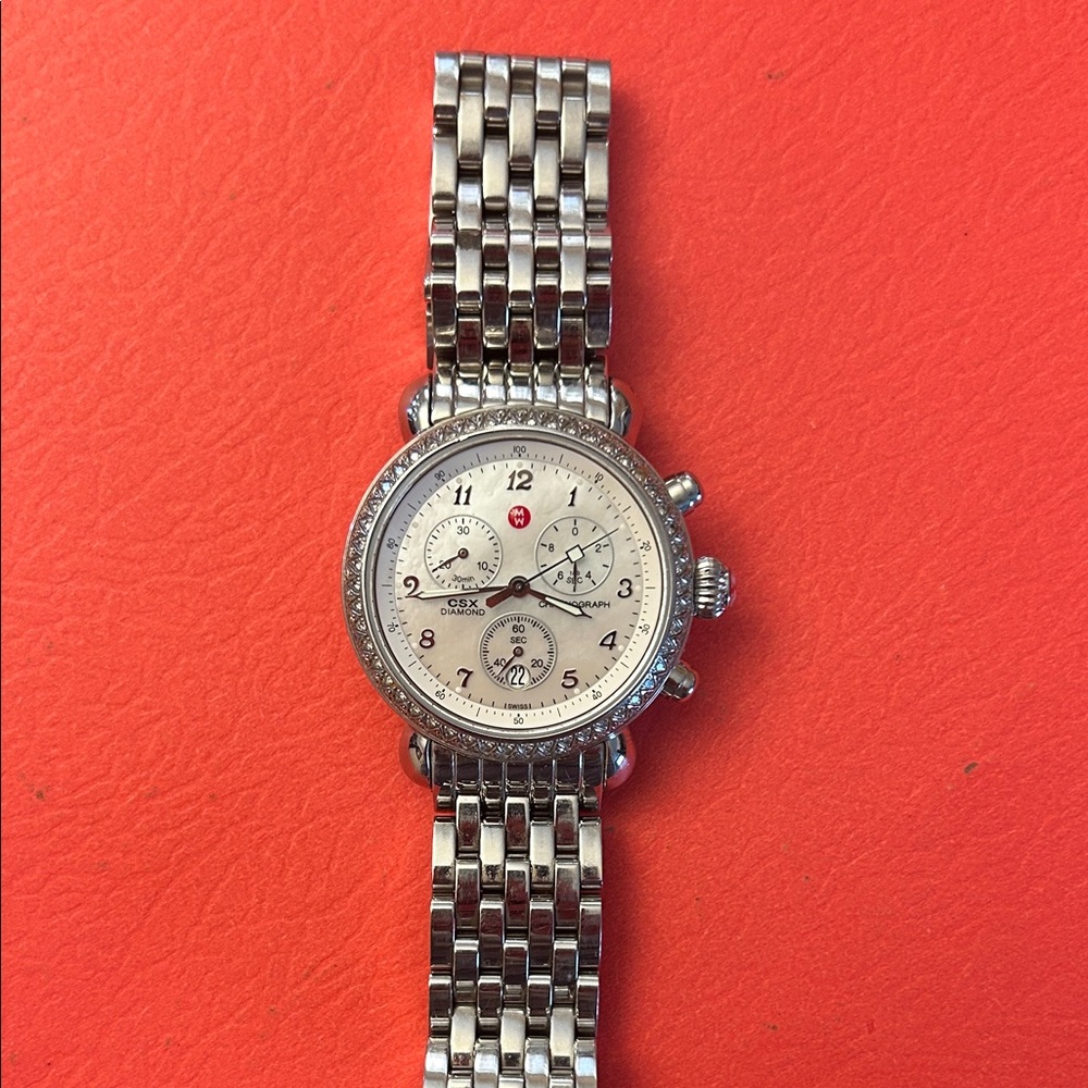 Michele Silver-Tone Bracelet Chronograph Watch with Crystal Bezel